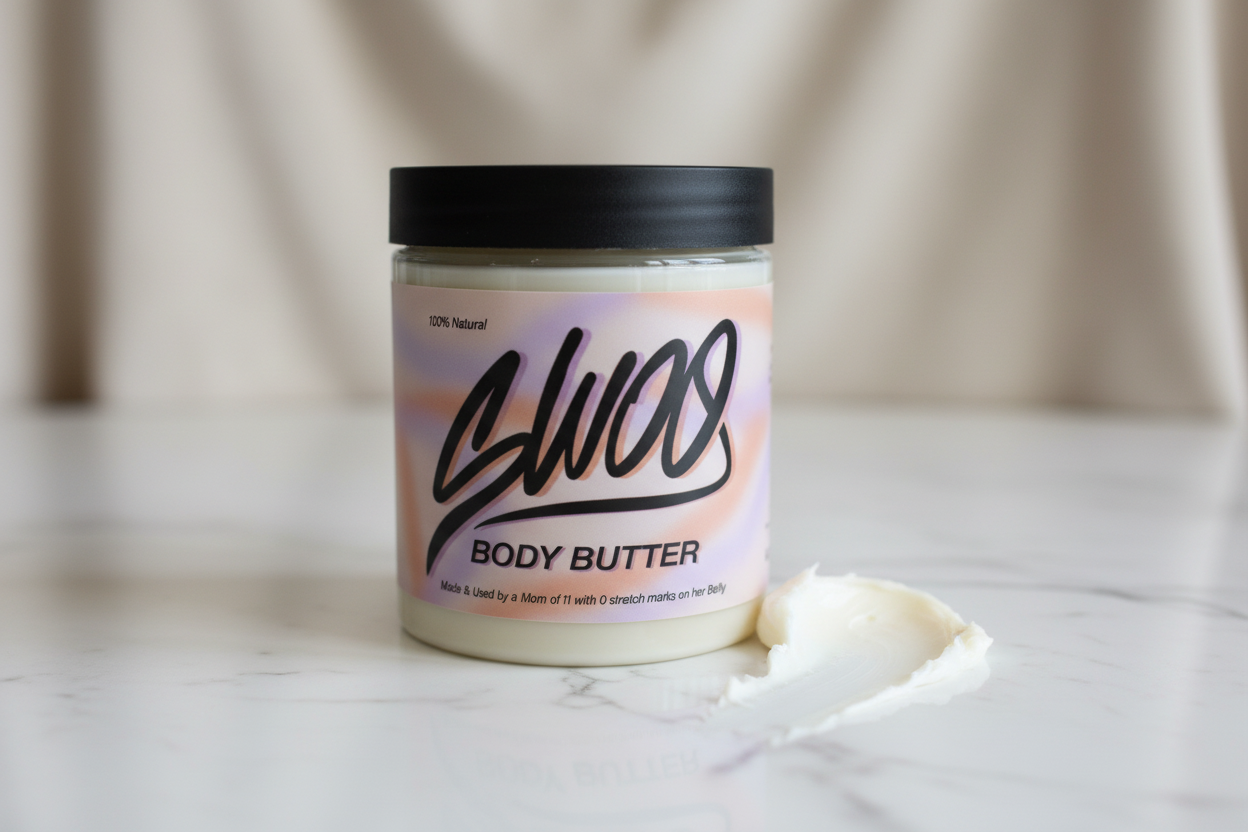 Swoo Body Butter jar on a clean neutral surface